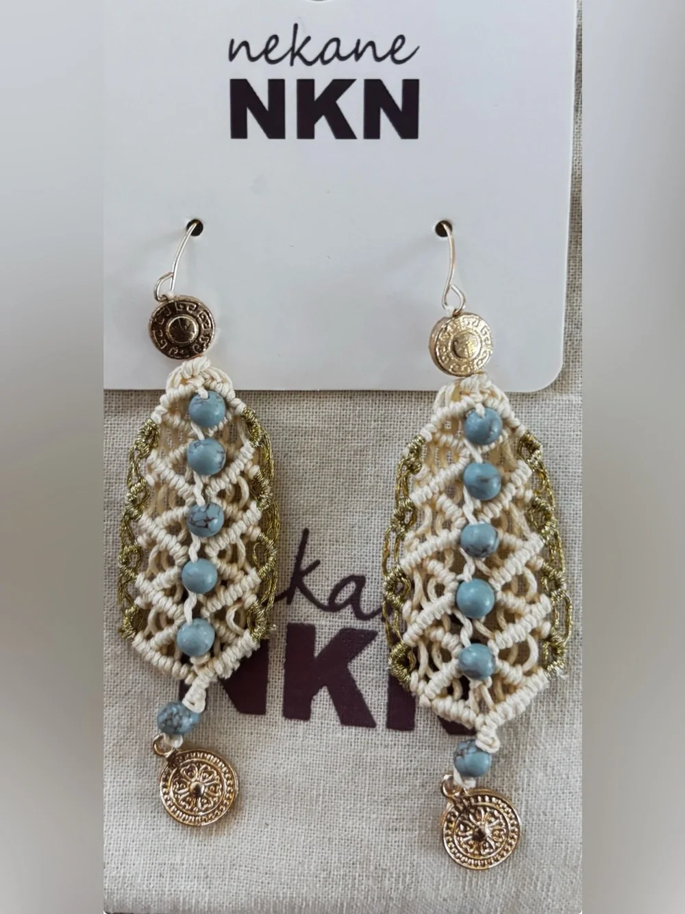 NWT NKN Nekane Kant Boho Macrame Dangle Earrings Turquoise Beads Gold